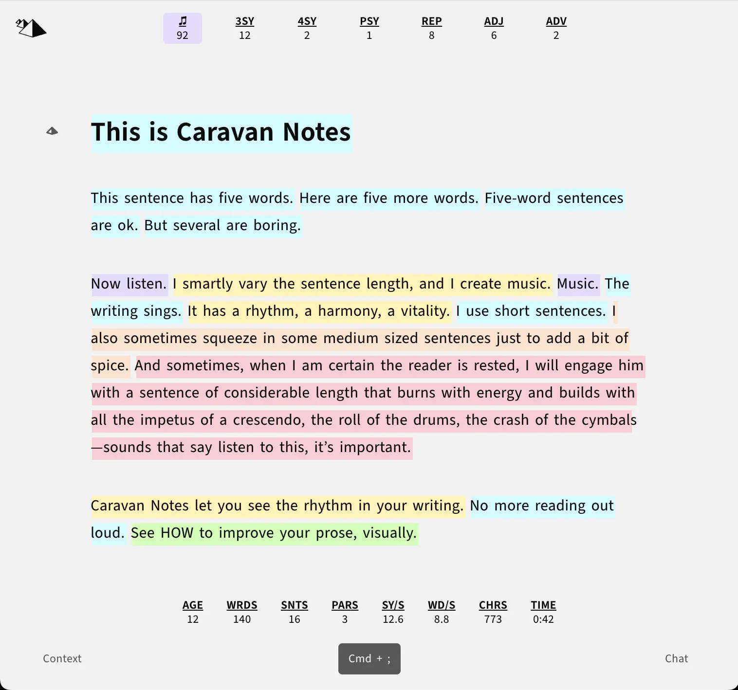 Caravan Notes demo showing rhythm highlighting feature